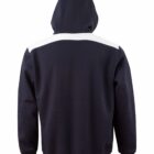 Back view of a navy hoodie with a white stripe across the shoulders.