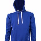Blue hoodie with white drawstrings and shoulder accents, displayed on a plain background.