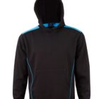 Black hoodie with blue accents and a front pocket, displayed on a plain white background.