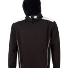 Black hoodie with white shoulder accents and a front pocket, displayed on a plain background.