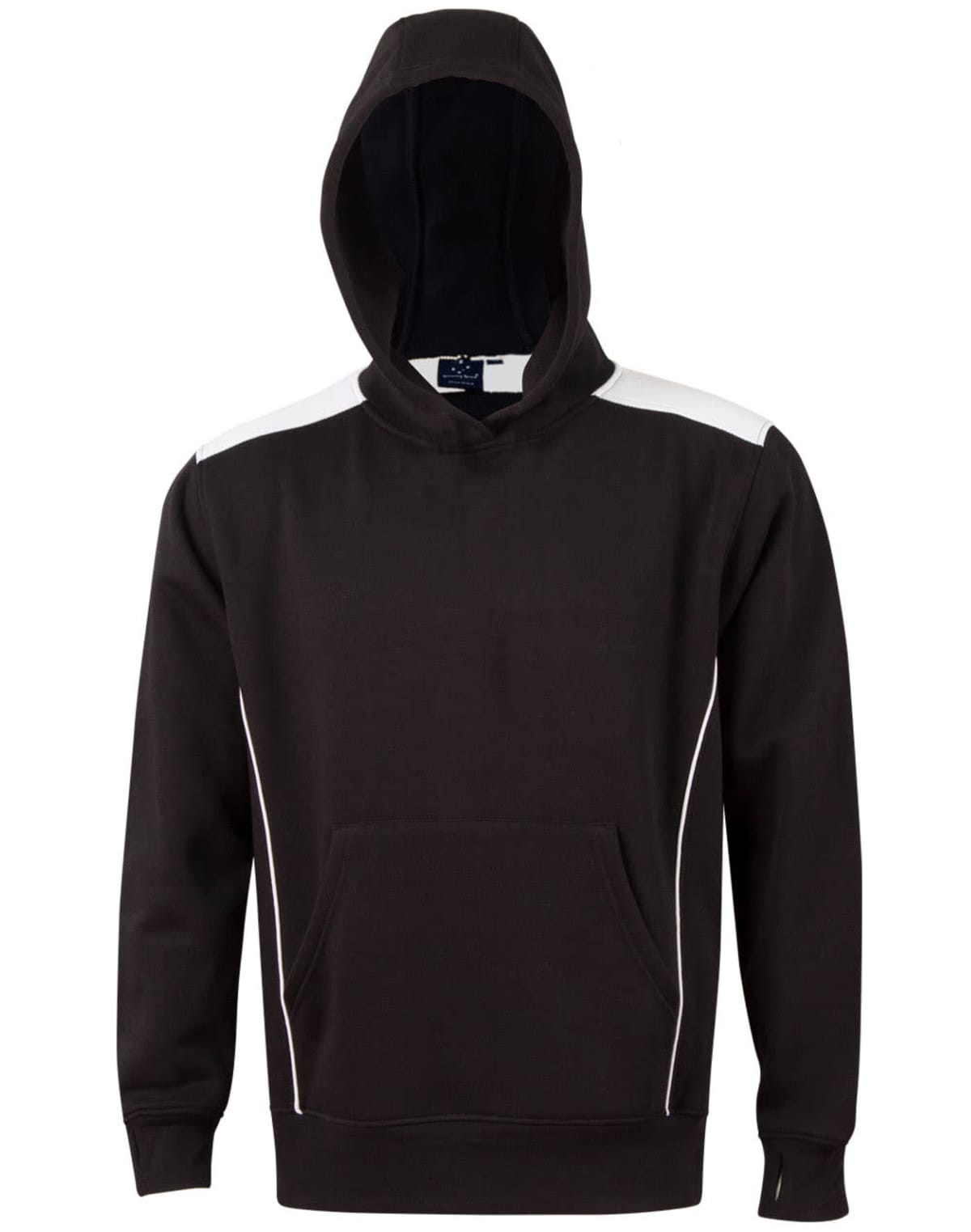 Black hoodie with white shoulder accents and a front pocket, displayed on a plain background.