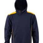 Navy blue hoodie with yellow accents on the shoulders and sides, front pocket, and hood.