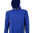 Blue hoodie with a front pocket and white accents on the shoulders and sides.