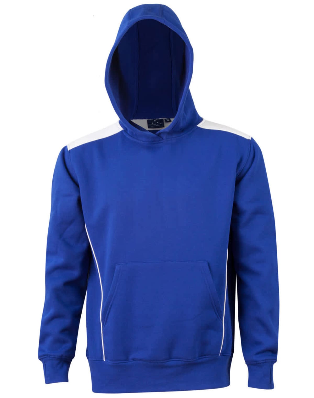 Blue hoodie with a front pocket and white accents on the shoulders and sides.