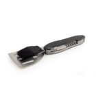 Multi-tool BBQ utensil with spatula, brush, and other foldable tools on a white background.