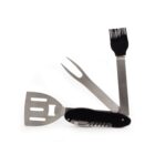 Multi-tool with spatula, fork, basting brush, and corkscrew extended on white background.