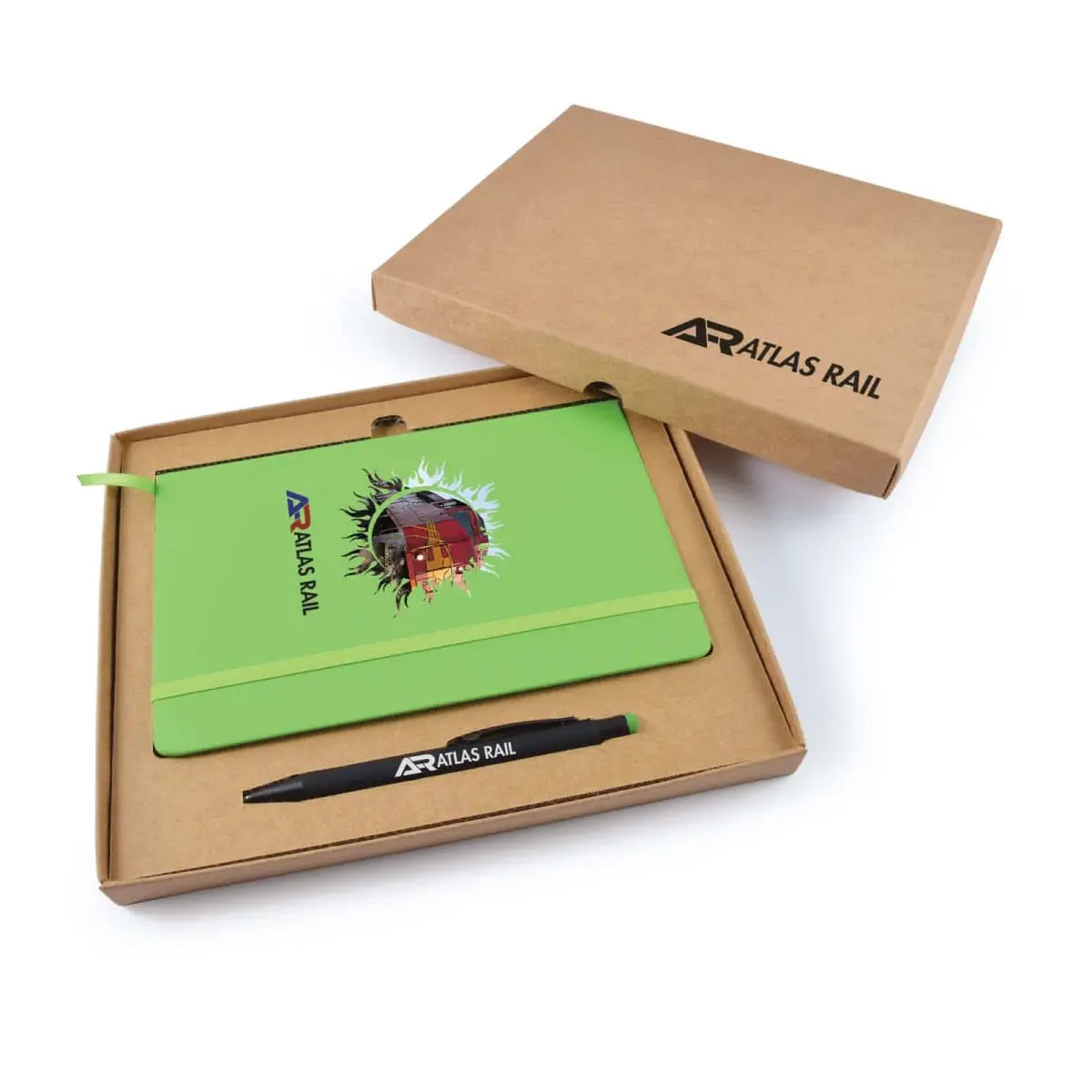 Green notebook and black pen in a box—ideal personalised gifts with ATLAS RAIL branding.
