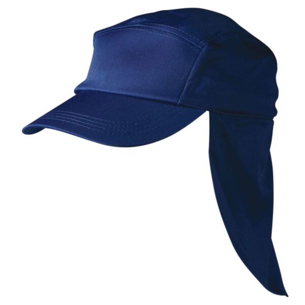 A navy blue cap with a neck flap for sun protection.