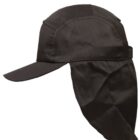 Black cap with a neck flap for sun protection, shown from the side.