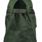 A dark green hood with an open back and a black strap across the opening.