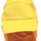 A yellow cap with a neck flap for sun protection, shown from the front.
