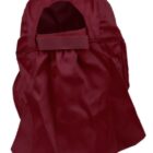 Maroon face and neck cover with an opening at the top, made of fabric.