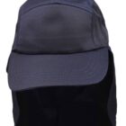 Dark blue cap with extended neck flap, viewed from the front against a white background.