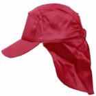 Red cap with a long neck flap for sun protection, shown from the side.