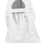 White chef hat with a neck flap and an opening at the back with an elastic band.