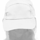 White cap with a wide brim and a fabric flap covering the neck, shown on a plain background.