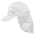 White cap with a neck flap for sun protection, shown from the side.