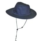 Navy blue wide-brimmed hat with chin strap, isolated on a white background.