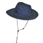 A navy blue wide-brim hat with a chin strap, isolated on a white background.