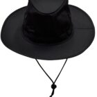 Wide-brimmed black hat with a chin strap and adjustable toggle.