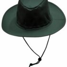 Dark green wide-brimmed hat with a chin strap and an adjustable cord.