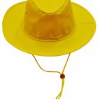 Bright yellow wide-brimmed hat with chin strap, viewed from above.