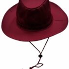 Maroon wide-brim hat with chin strap and adjustable toggle, on a white background.