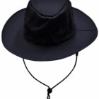 A black wide-brimmed hat with a chin strap and adjustable toggle.