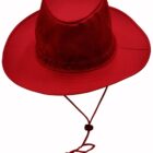 Red wide-brim hat with chin strap, shown against a white background.