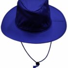 A wide-brimmed blue sun hat with a chin strap and toggle.