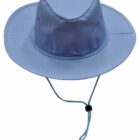 Light blue wide-brim hat with chin strap and adjustable toggle, isolated on white background.