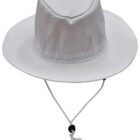 White wide-brimmed hat with chin strap against a plain background.