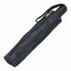 Closed black folding umbrella with a zipper cover and a wrist strap.