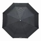 Black umbrella fully opened, viewed from above against a white background.