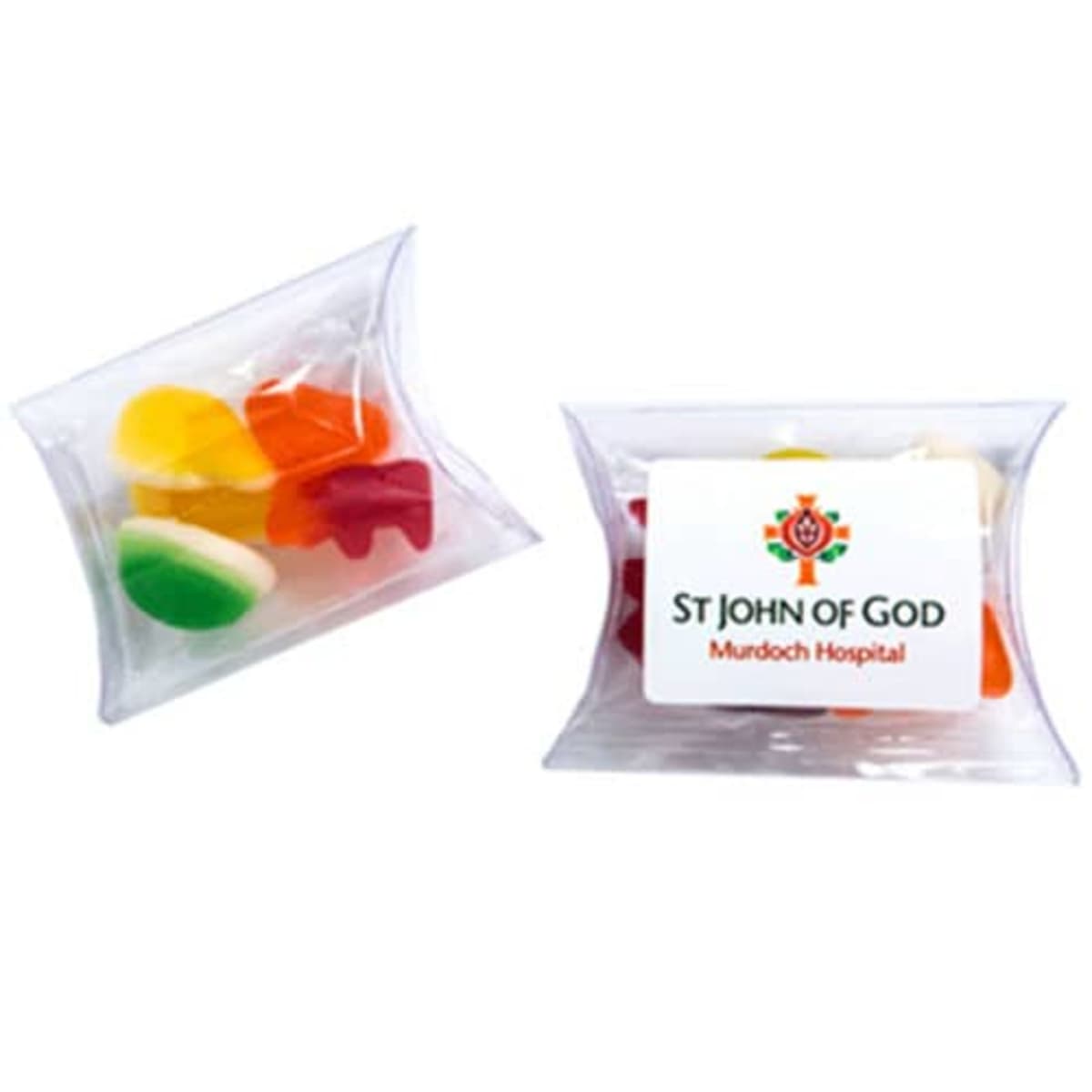 Two clear pillow boxes with colorful gummies, one labeled St John of God Murdoch Hospital.
