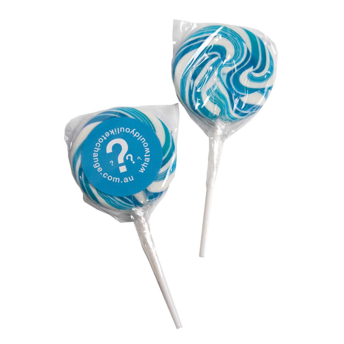 Two blue and white swirl lollipops wrapped in plastic, each on a white stick.