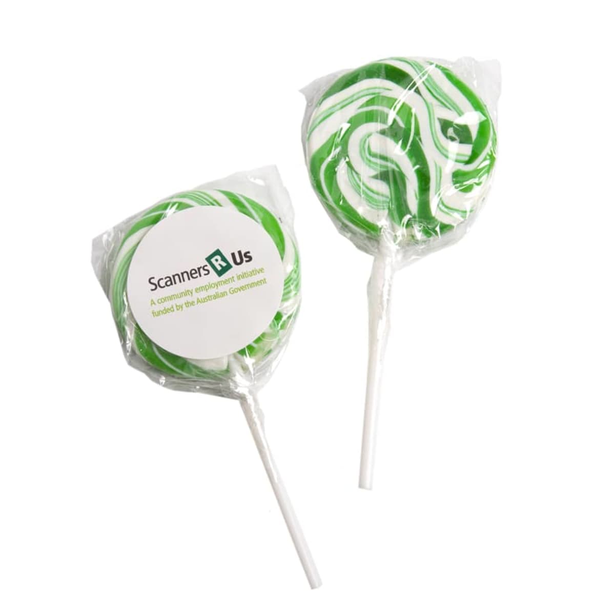 Two green and white swirled lollipops, one with a Scanners R Us label.
