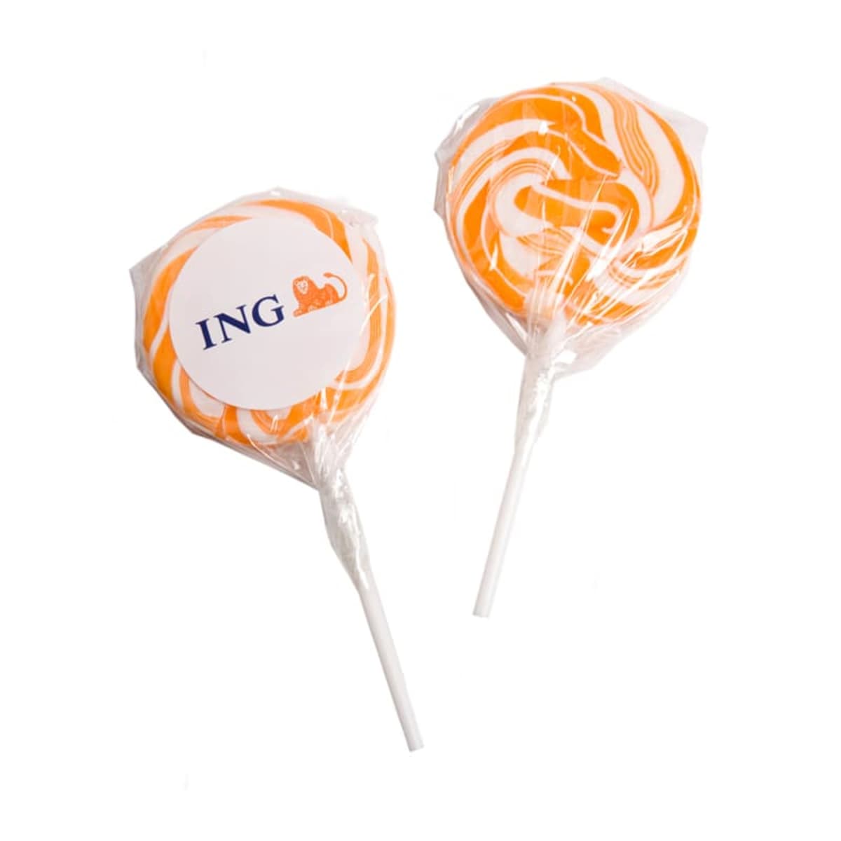 Two orange and white swirl lollipops, one with an ING logo on the wrapper.