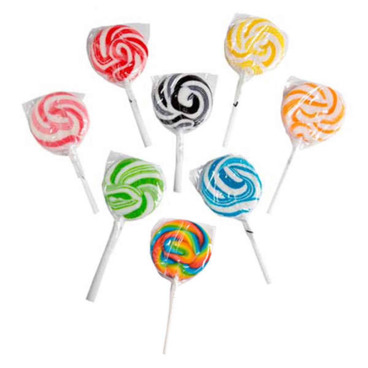 Assorted colorful swirl lollipops wrapped in clear plastic, arranged on a white background.