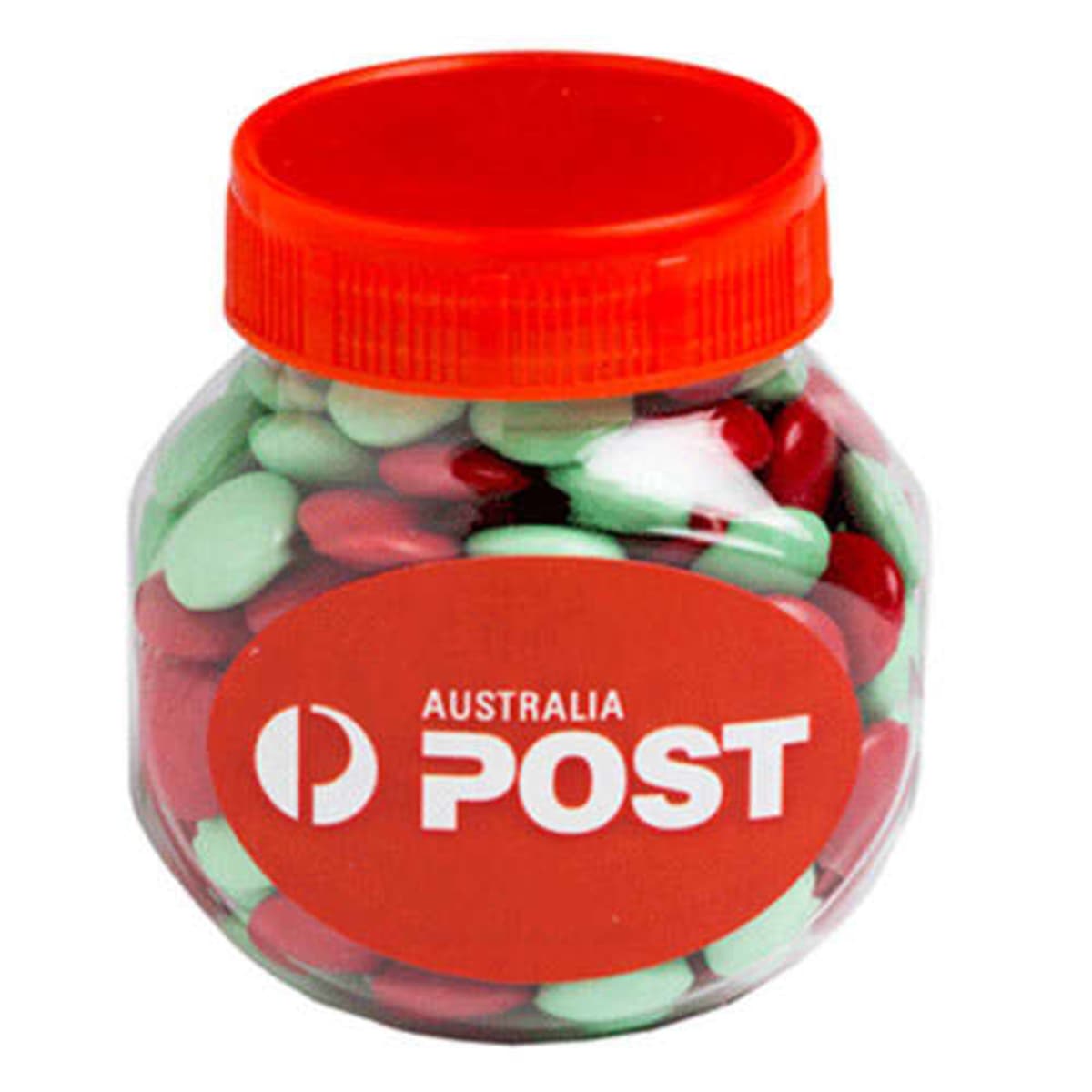 A jar with red lid, filled with red and green candies, labeled “Australia Post.”.
