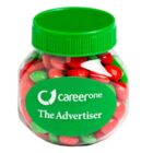 A jar of red and green candies with a green lid labeled careerone The Advertiser.