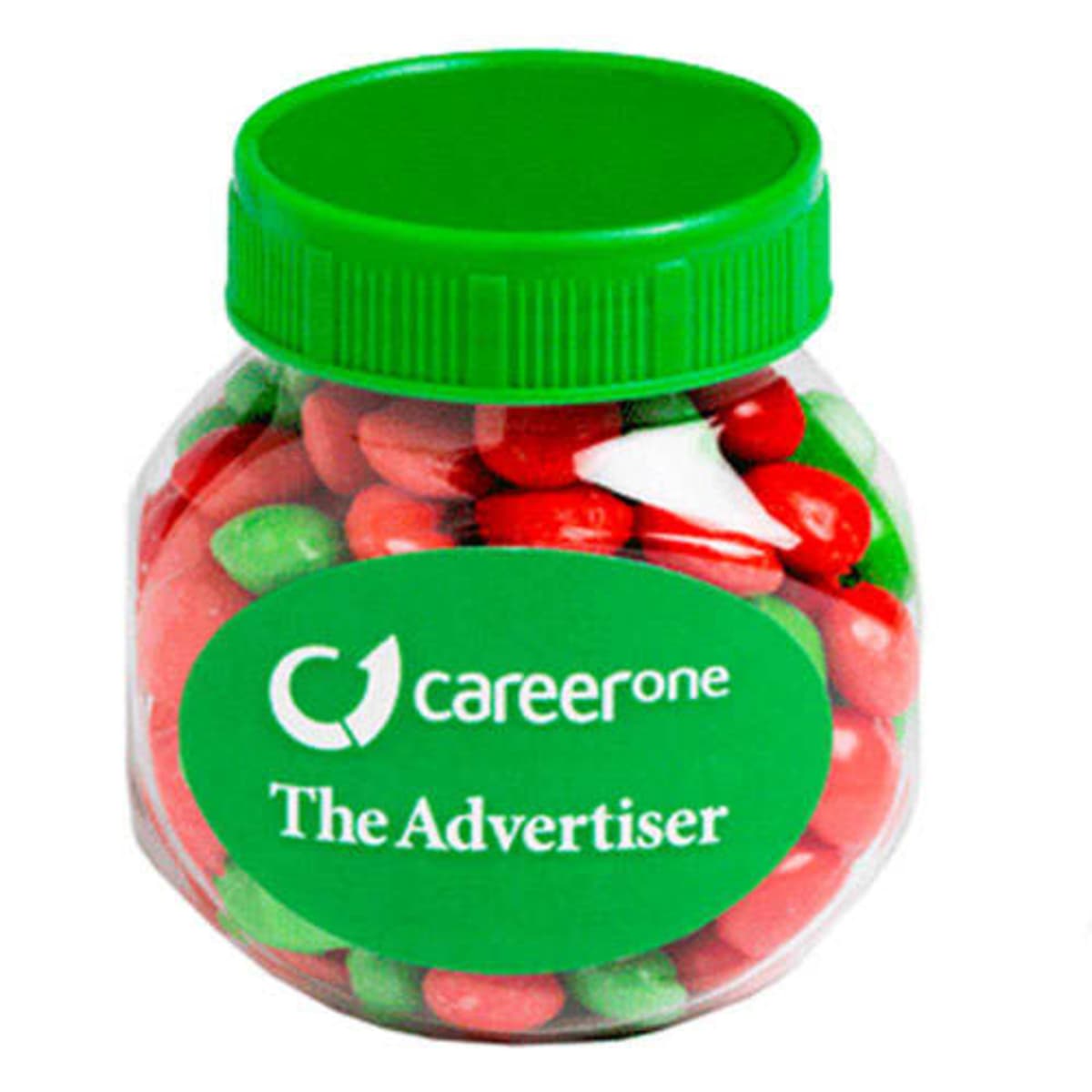 A jar of red and green candies with a green lid labeled careerone The Advertiser.