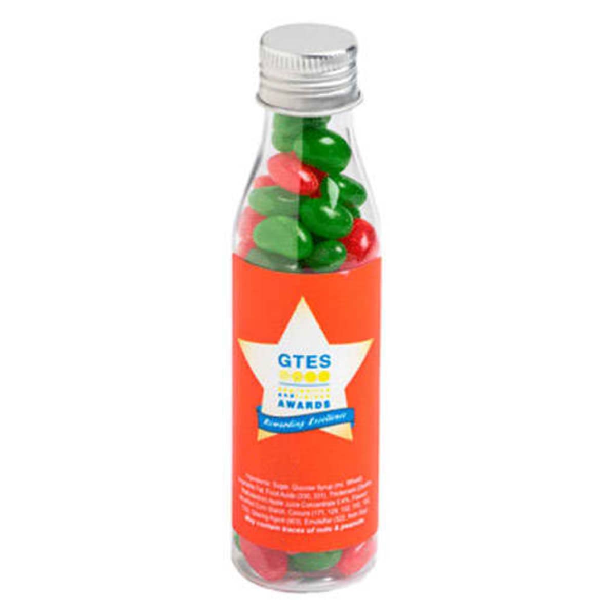 A clear bottle with red and green candy, orange label with a white star and blue text.