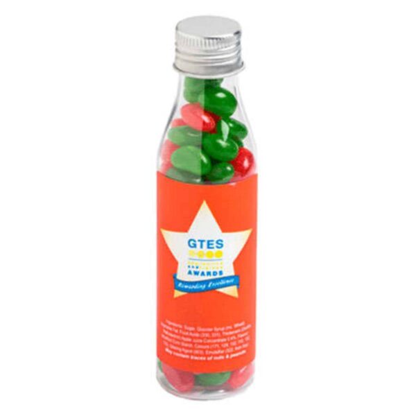 Clear bottle with red and green candies, orange label with a star and GTES AWARDS text.