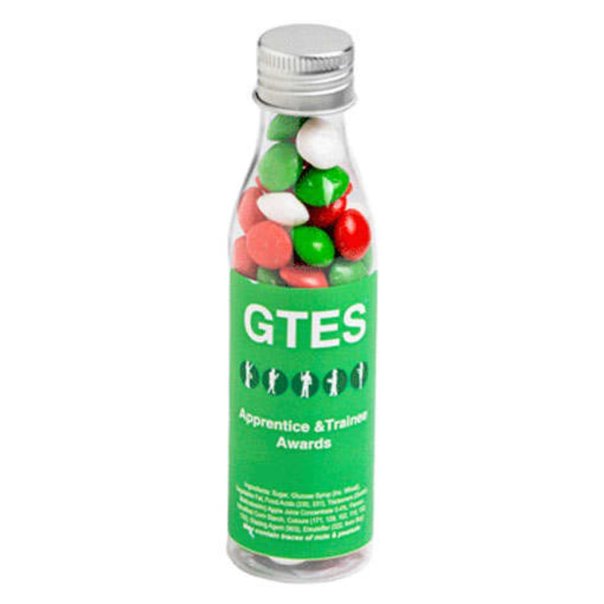Clear bottle with red, white, and green candies, labeled GTES Apprentice & Trainer Awards.