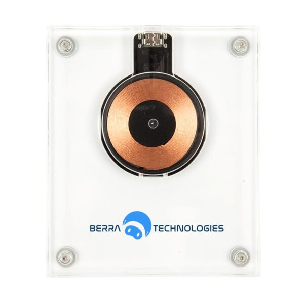 A wireless charging pad with copper coil and Berra Technologies logo on clear casing.