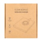 Brown box with an illustration of a clear acrylic wireless charger and product features.