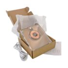 Clear plastic device with copper coil in a cardboard box, USB cable, and instruction sheet.