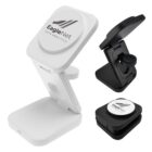 Collapsible white and black phone stands with EagleNet Data Analytics logo on top.