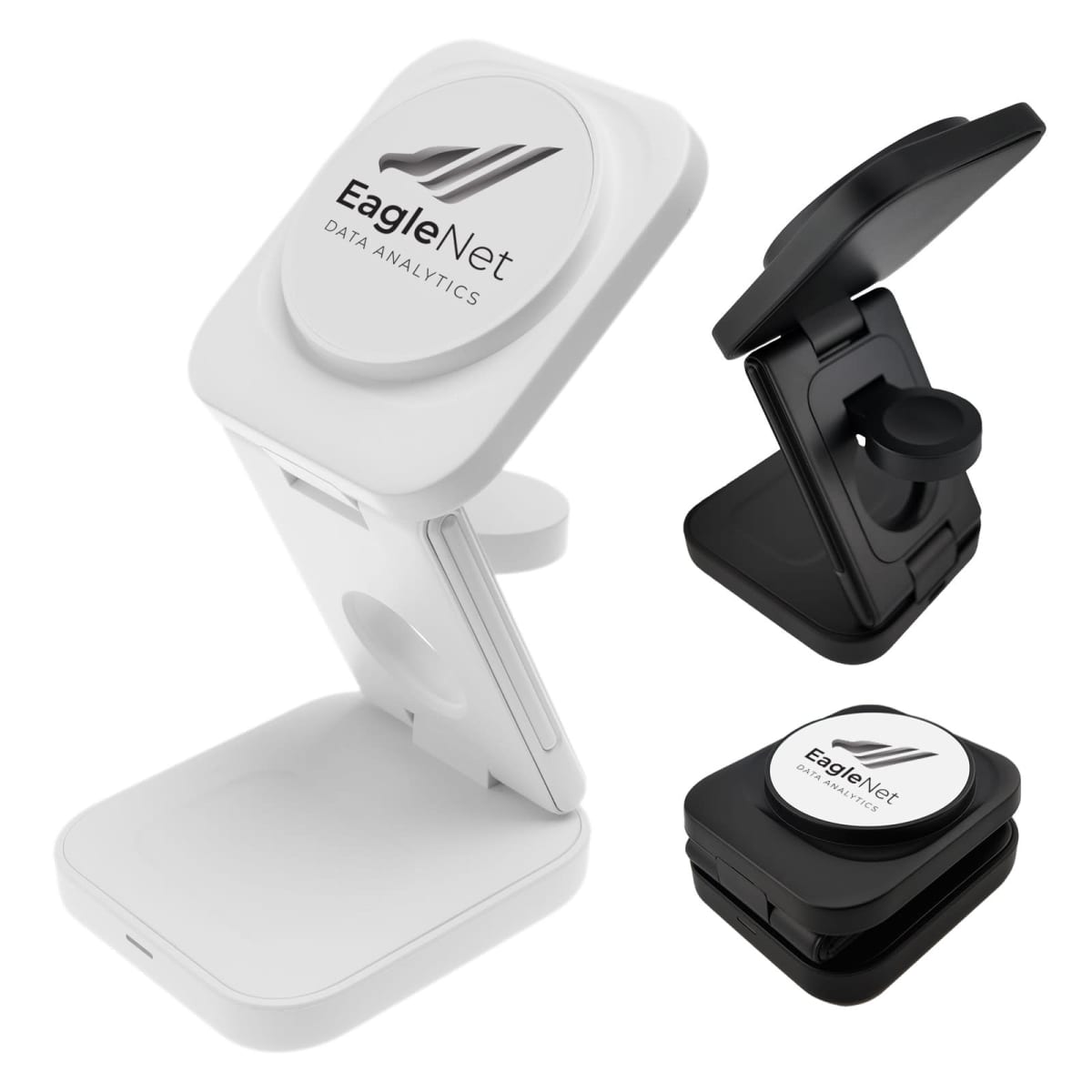 Collapsible white and black phone stands with EagleNet Data Analytics logo on top.